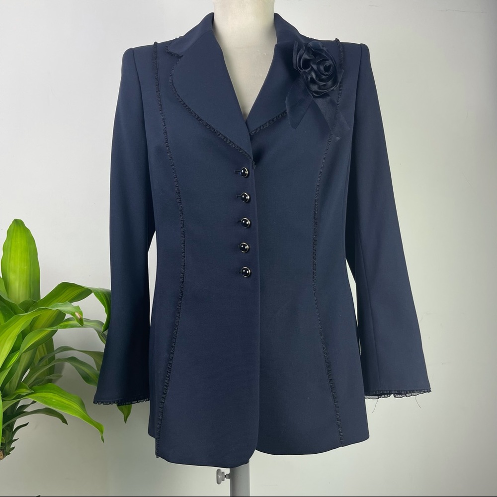 Navy Escada Blazer with Floral Pin Appliqué